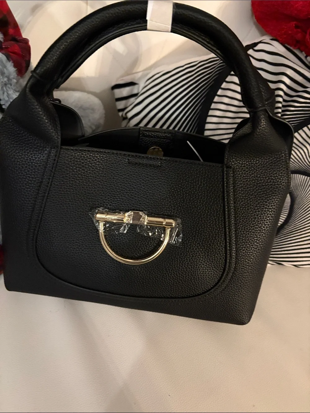 Classic Black Top-Handle Satchel with Gold Ring Accent matching wallet